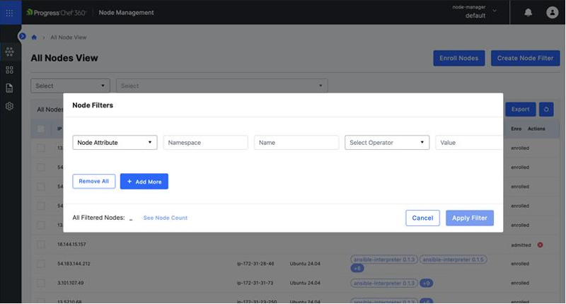 NodeFiltervsPolicyFiles_Image_1 Window displaying a drop down menu titled Node Attributes and another drop down menu titled Select Operator